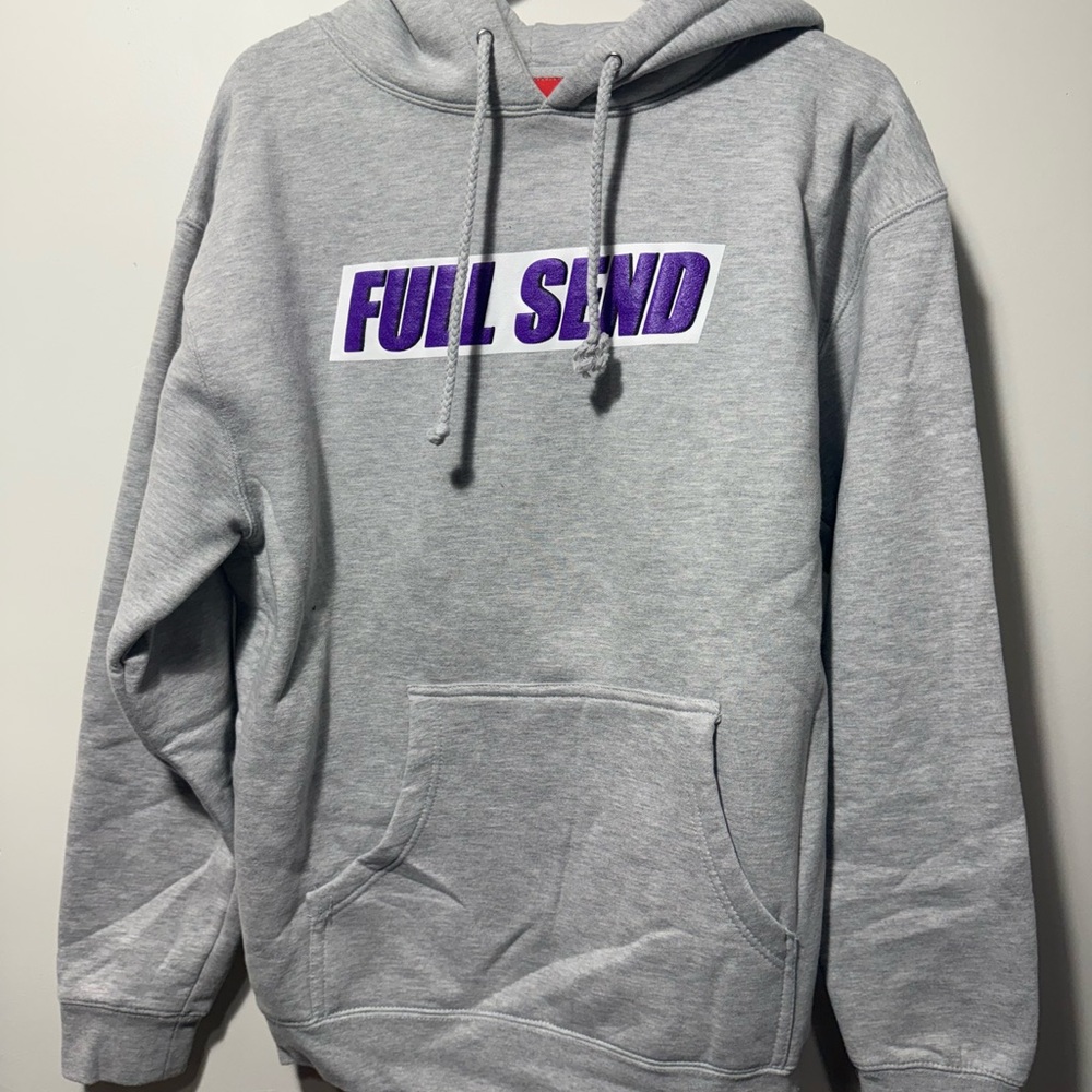 Gray Full Send Hoodie with Purple Print